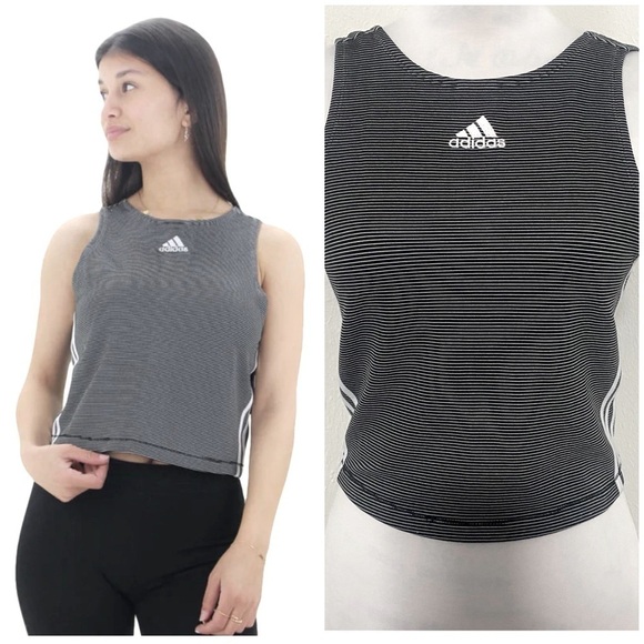 Adidas Full Back Zip Ribbed Tank Top Workout Embroidered Logo Striped Medium - Picture 1 of 10